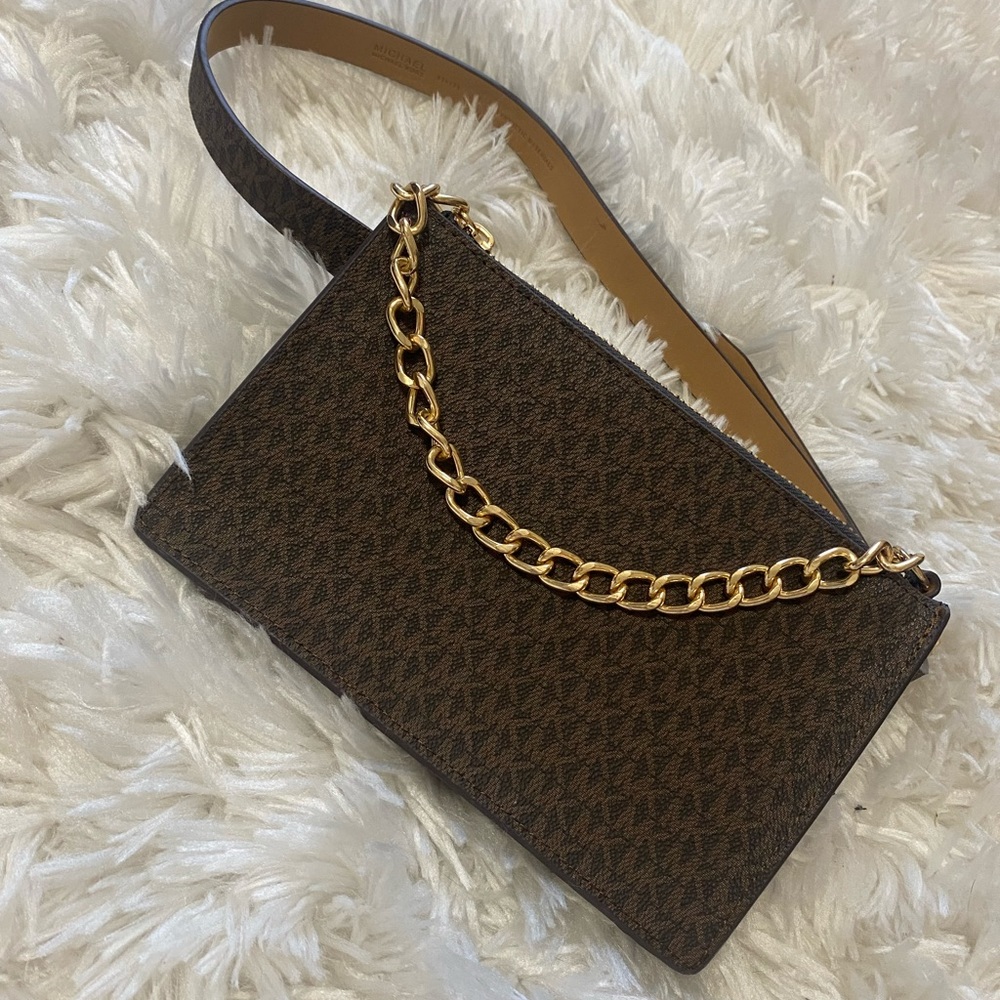 NWOT Michael Kors MK Logo Gold Chain Belt Bag brown monogram print